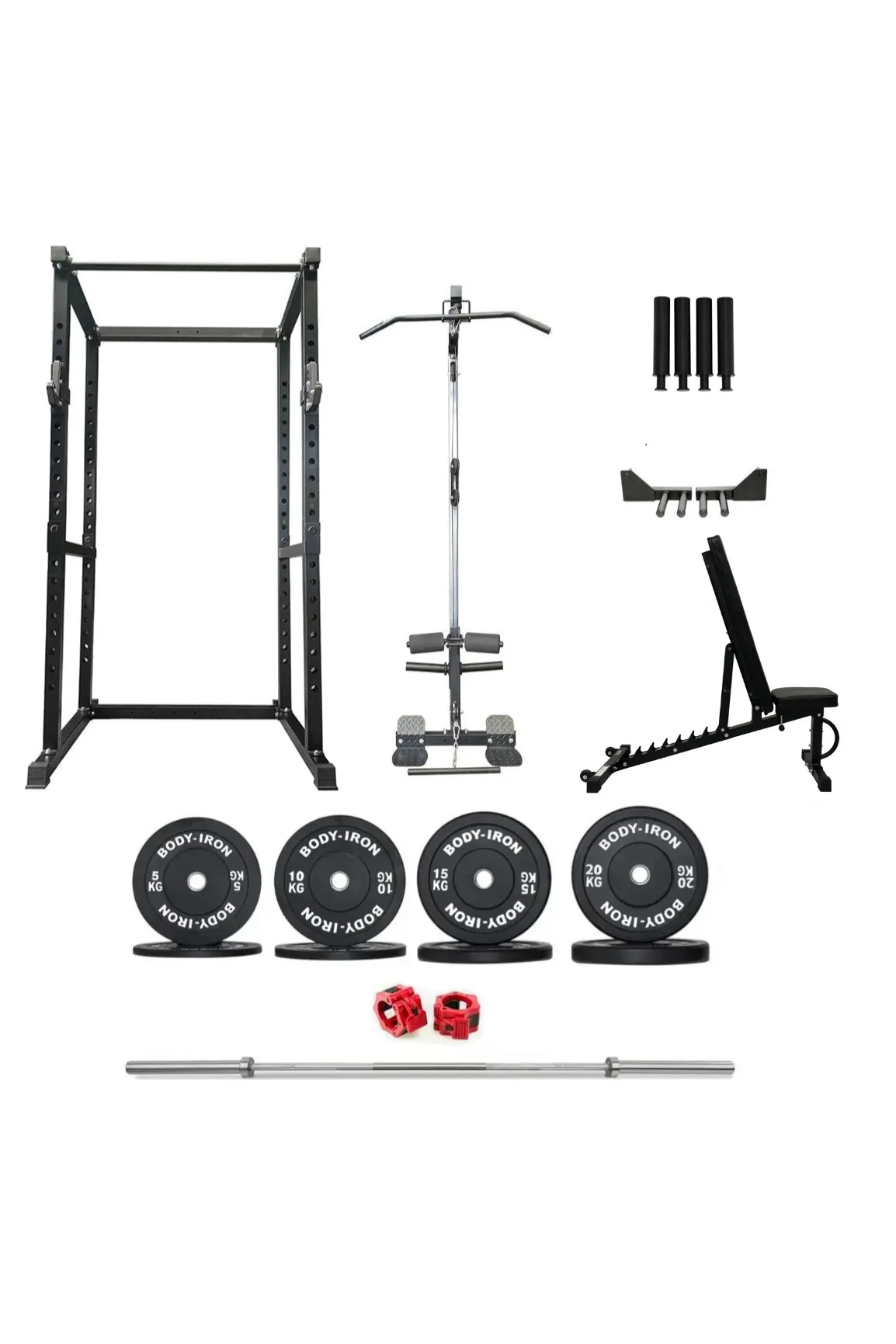 Body Iron CX44 Compact Power Rack Elite Set   120kg Olympic Barbell & Bumper Plate Set