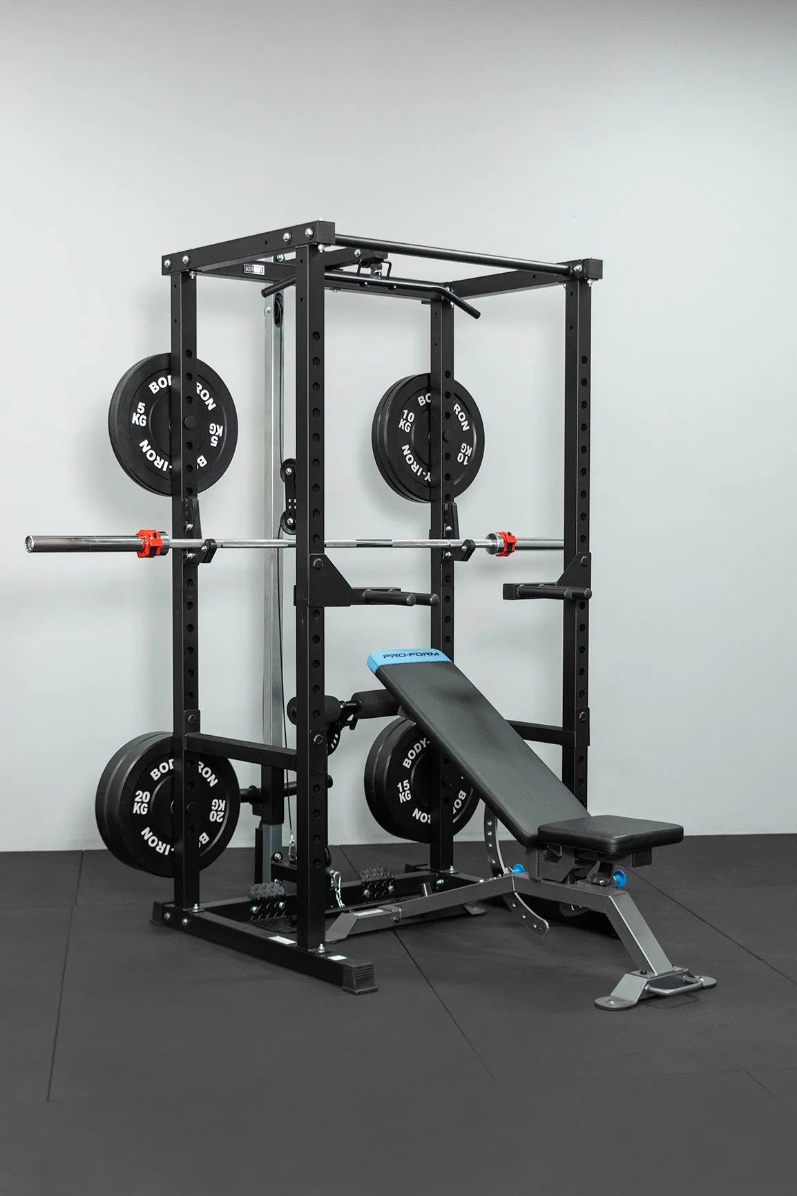 Body Iron CX44 Compact Power Rack Elite Set   120kg Olympic Barbell & Bumper Plate Set