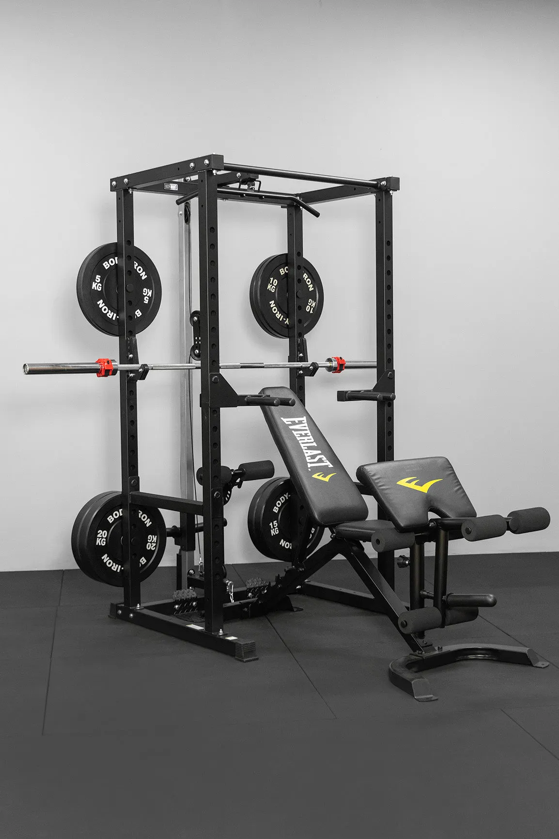 Body Iron CX44 Compact Power Rack Elite Set   120kg Olympic Barbell & Bumper Plate Set