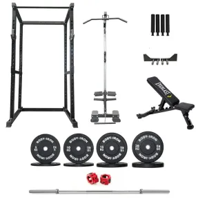Body Iron CX44 Compact Power Rack Elite Set   120kg Olympic Barbell & Bumper Plate Set