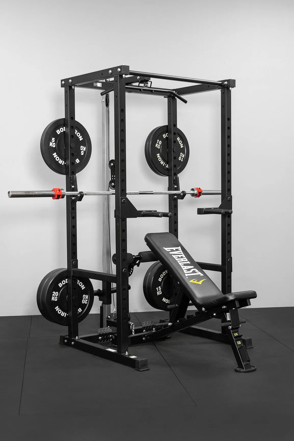 Body Iron CX44 Compact Power Rack Elite Set   120kg Olympic Barbell & Bumper Plate Set
