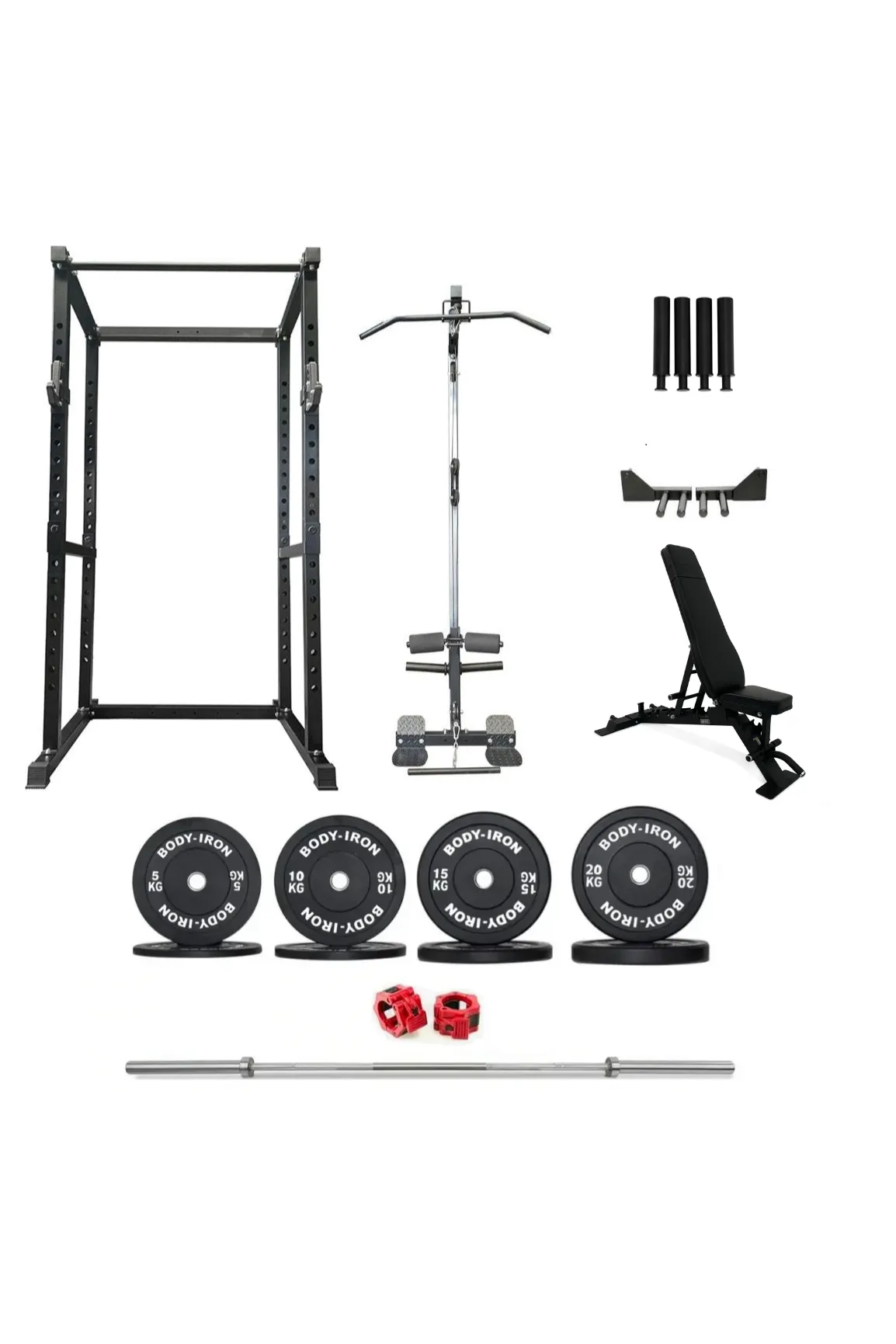 Body Iron CX44 Compact Power Rack Elite Set   120kg Olympic Barbell & Bumper Plate Set