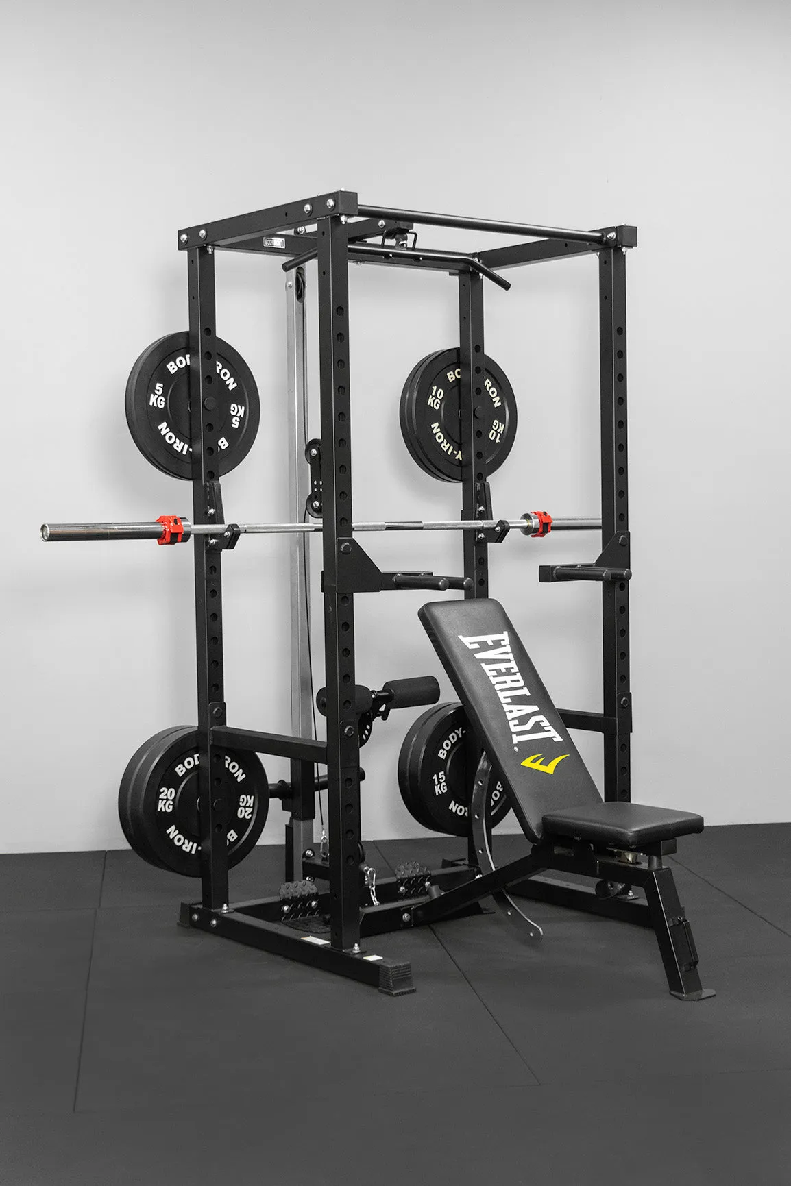 Body Iron CX44 Compact Power Rack Elite Set   120kg Olympic Barbell & Bumper Plate Set