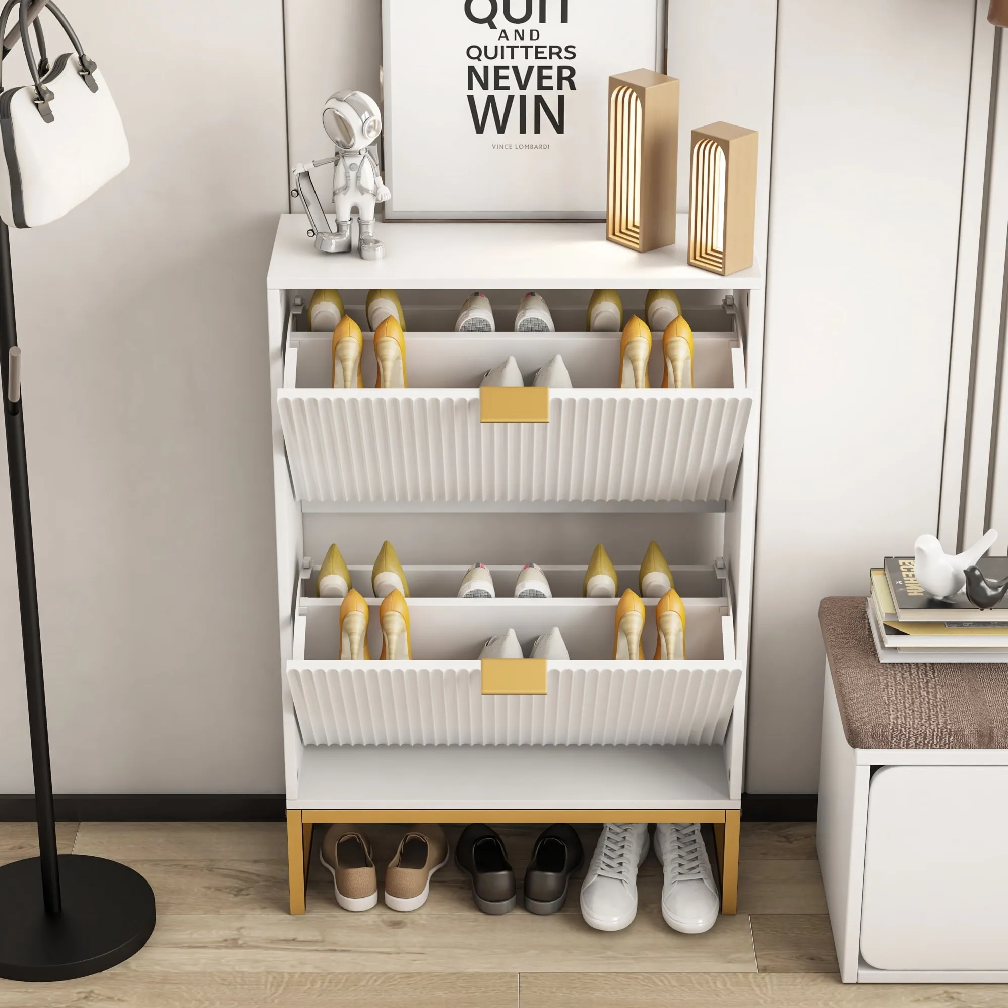 classic Modern Fluted Shoe Storage Cabinet with 2 Flip Drawers, Wooden White, 39.68 lb