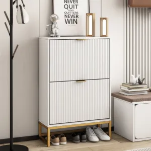 classic Modern Fluted Shoe Storage Cabinet with 2 Flip Drawers, Wooden White, 39.68 lb