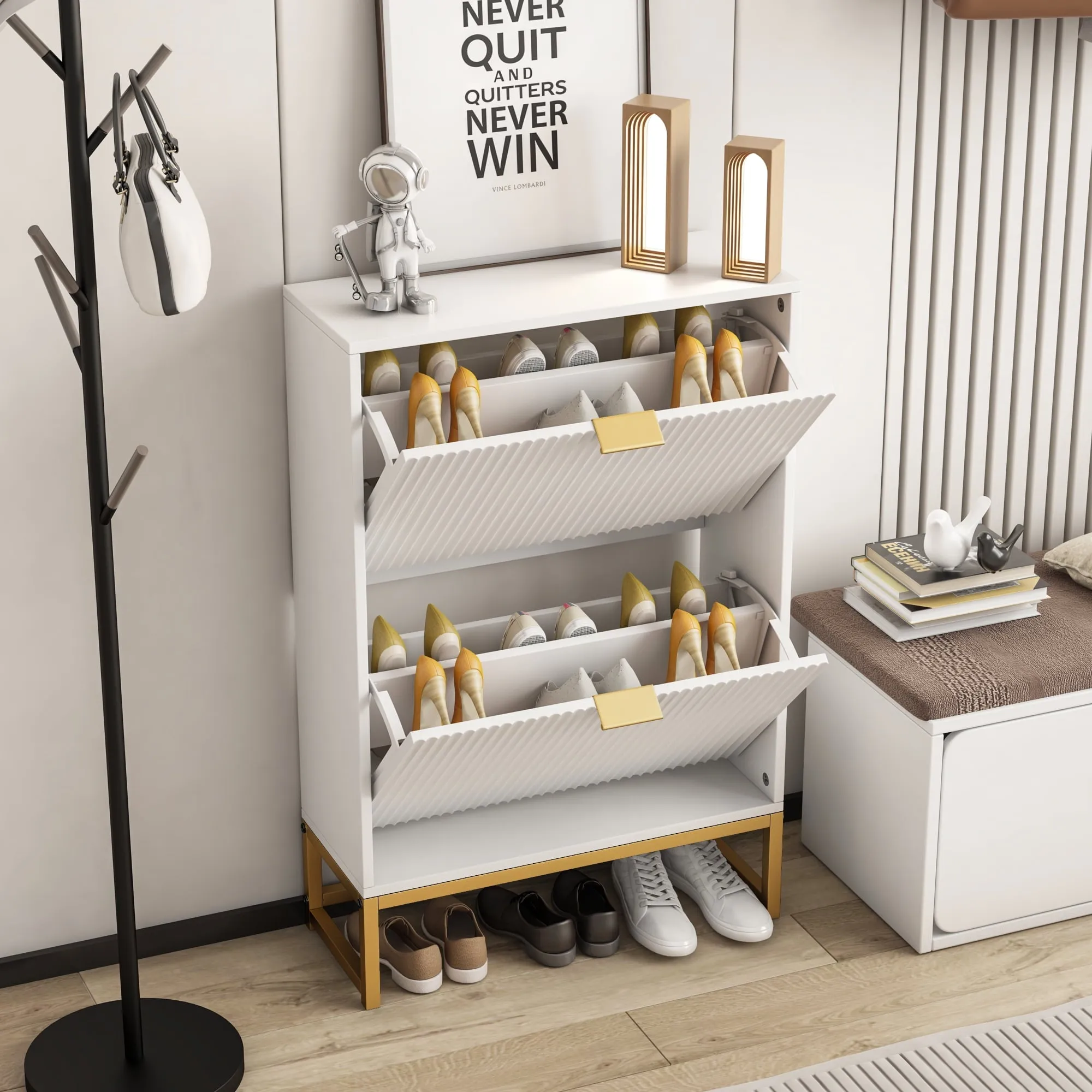 classic Modern Fluted Shoe Storage Cabinet with 2 Flip Drawers, Wooden White, 39.68 lb
