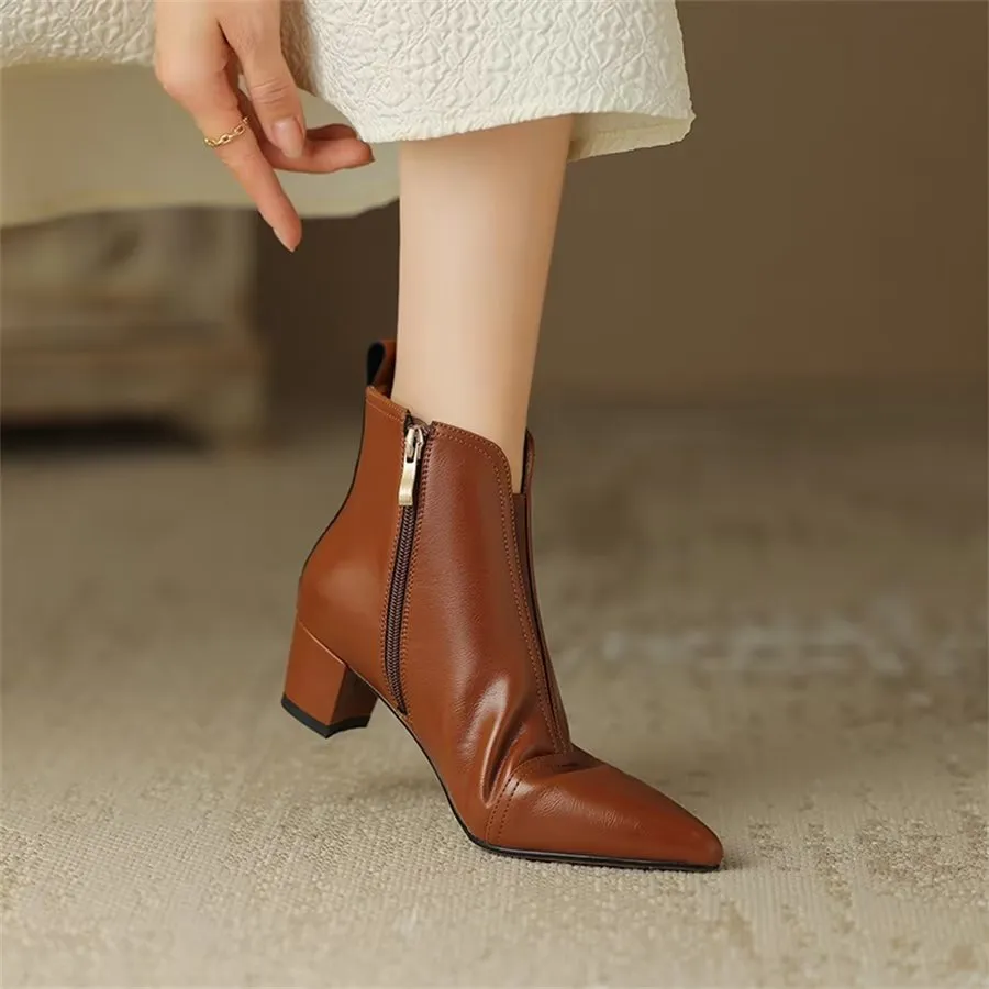 Elegant Cow Leather Pointed Toe Heel Boots