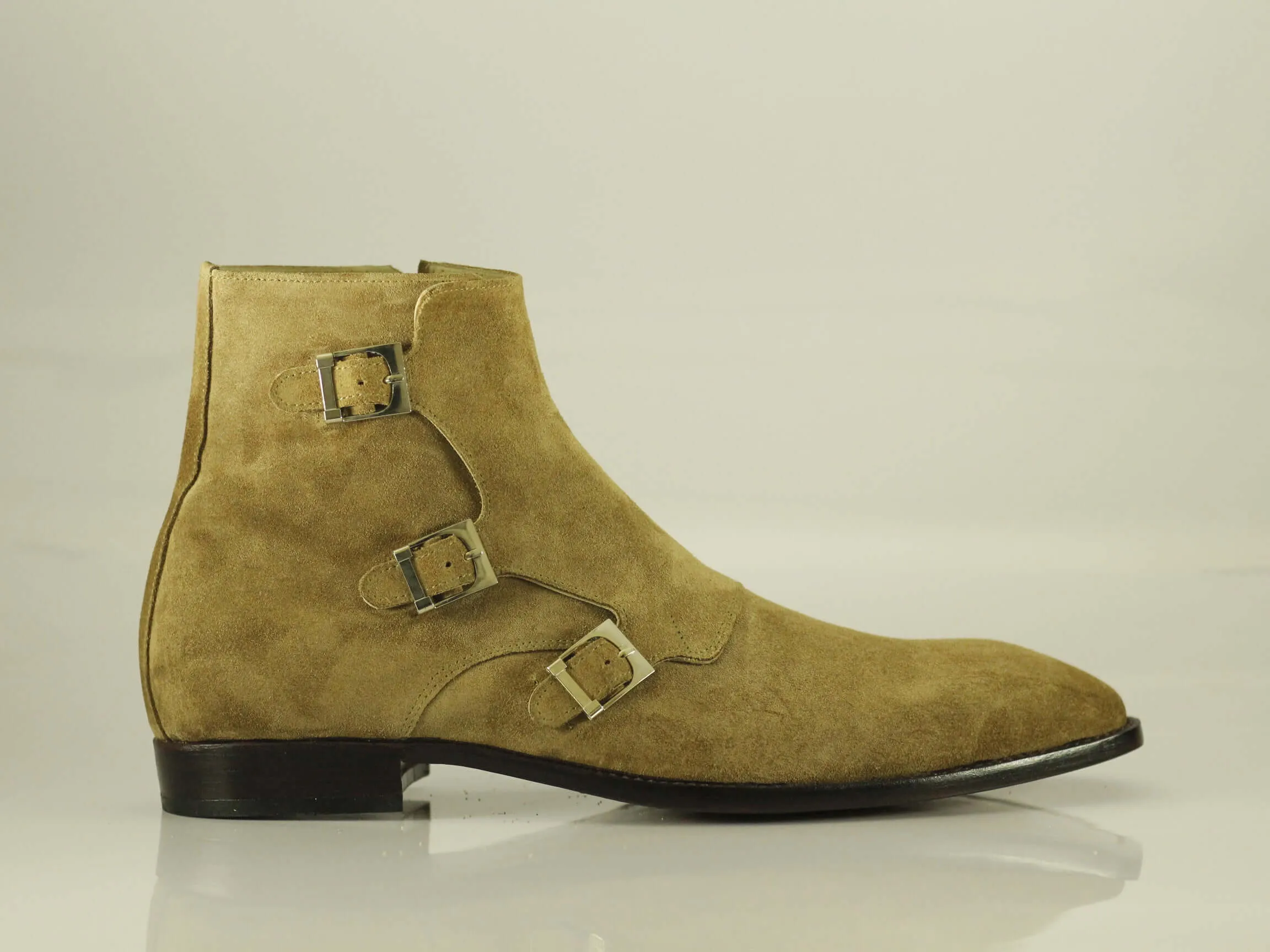 Hand Crafted Men's Beige Triple Monk Straps Ankle boots, Suede boots,formal boot for Men