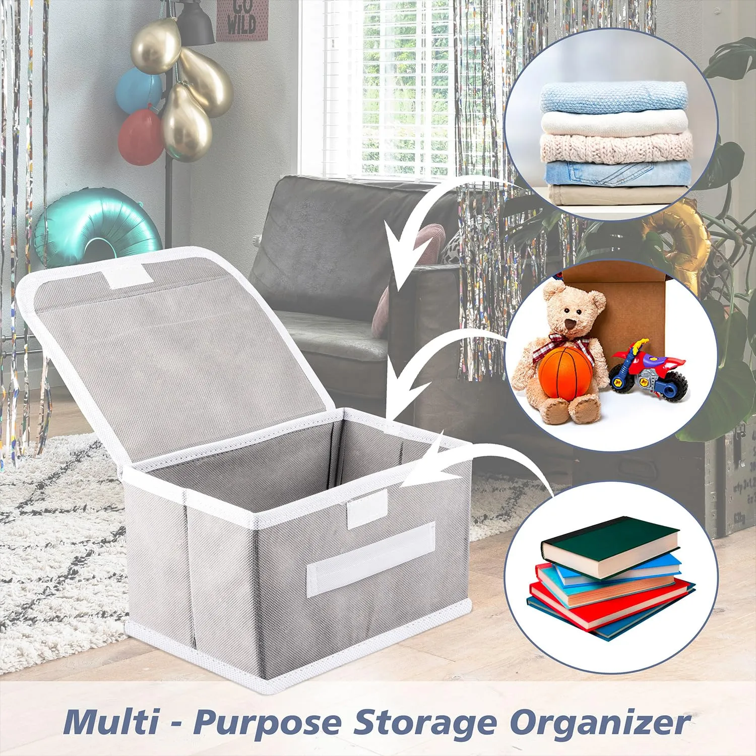 Kuber Industries Foldable Boxes For Storage - Multipurpose Storage Organizer For Clothes | Wardrobe | Closet | Toys | Books | Home - Undergarment Organizer Basket With Handle And Lid (Grey)