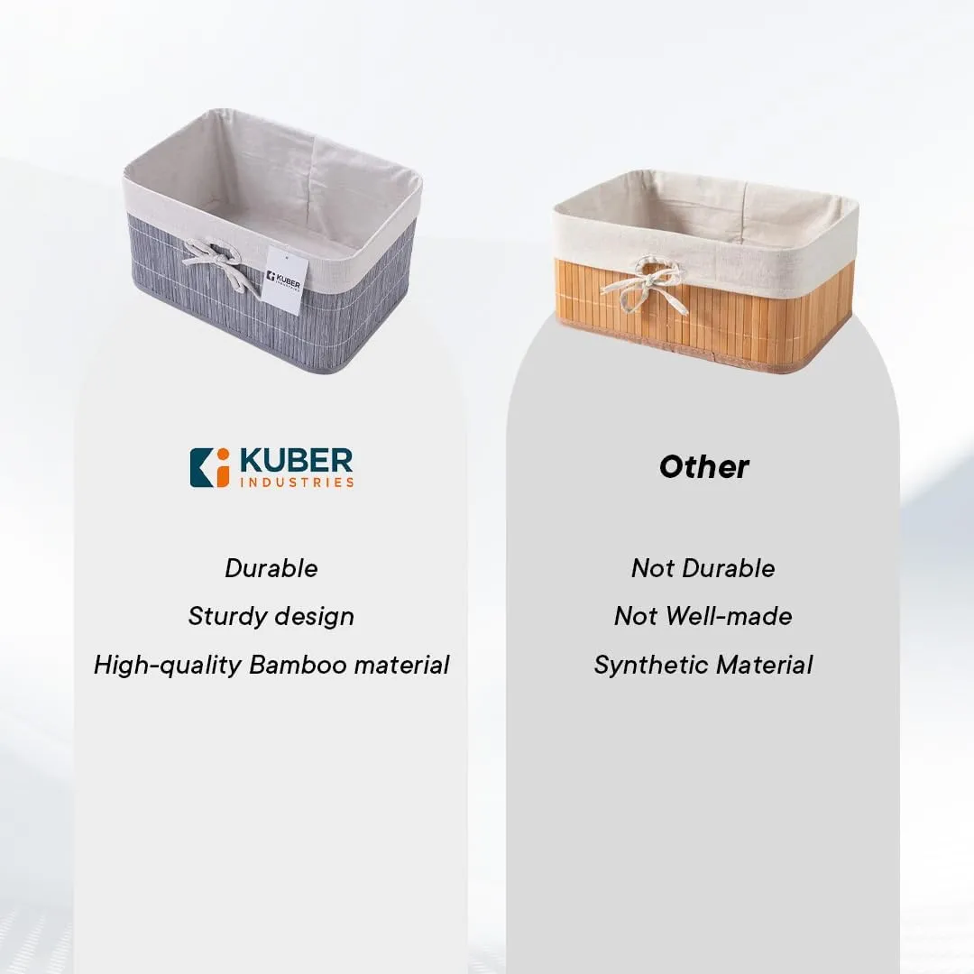 Kuber Industries Pack of 16 Bamboo Storage Basket With Liner|Fodable Storage Organizer|Box For Cloth, Toiletry, Bathroom|Capacity 12.9L, 6L, 3L, 3.3L|GREY|