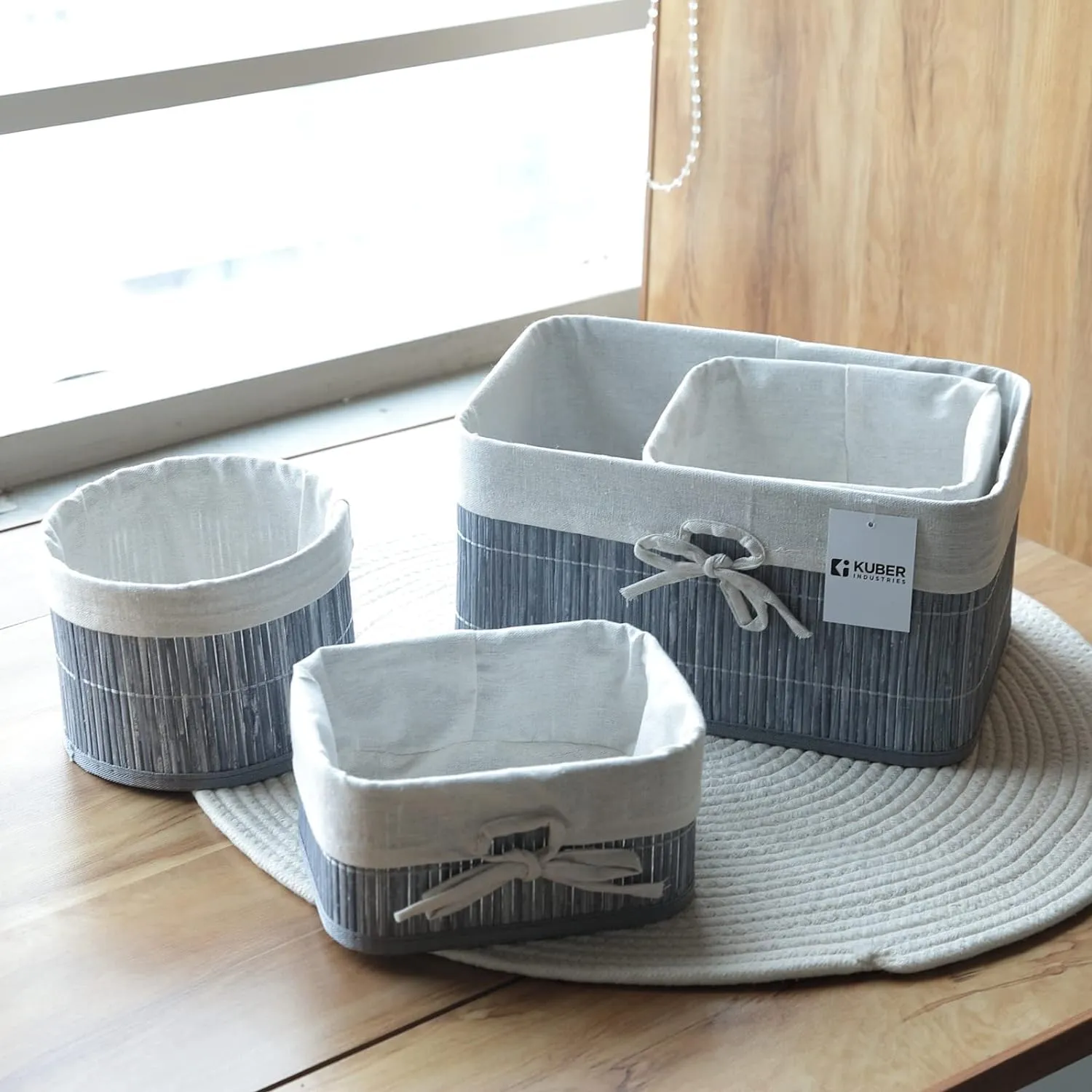 Kuber Industries Pack of 16 Bamboo Storage Basket With Liner|Fodable Storage Organizer|Box For Cloth, Toiletry, Bathroom|Capacity 12.9L, 6L, 3L, 3.3L|GREY|