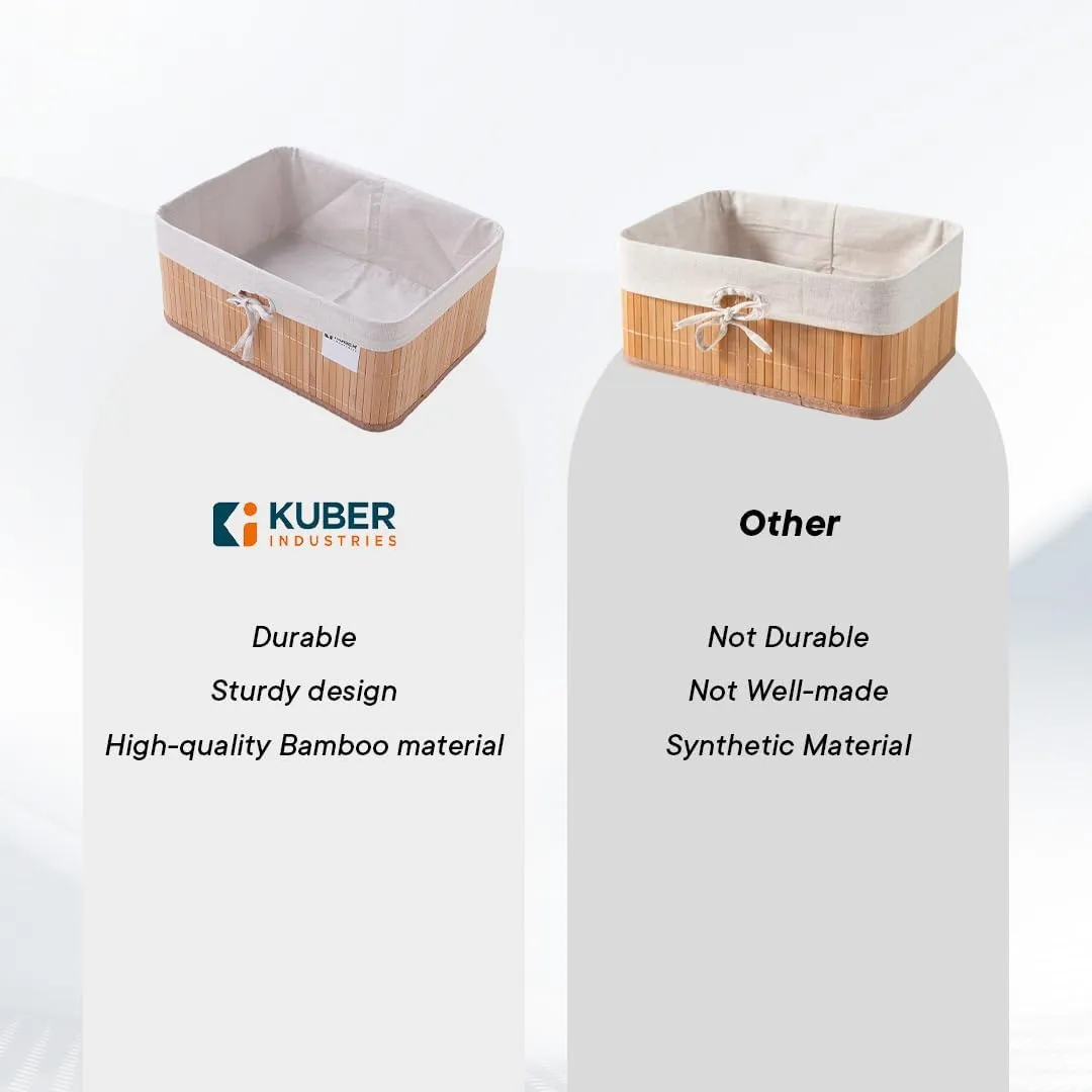 Kuber Industries Pack of 8 Bamboo Storage Basket With Liner|Fodable Storage Organizer|Box For Cloth, Toiletry, Bathroom|Capacity 17L, 10.6L|Natural|