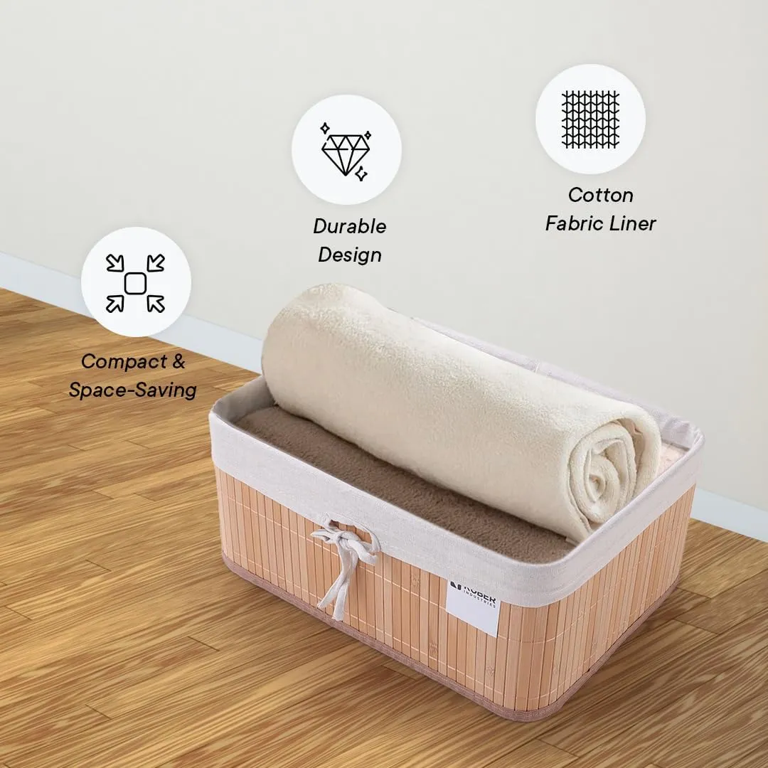 Kuber Industries Pack of 8 Bamboo Storage Basket With Liner|Fodable Storage Organizer|Box For Cloth, Toiletry, Bathroom|Capacity 17L, 10.6L|Natural|