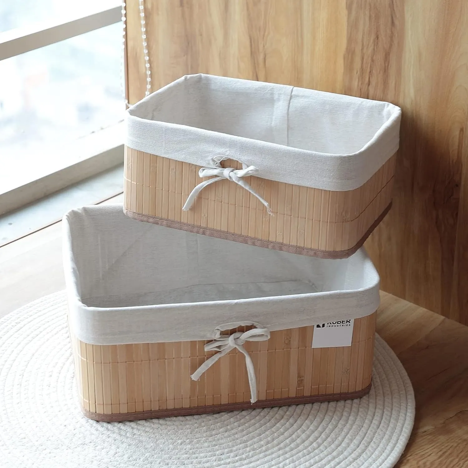 Kuber Industries Pack of 8 Bamboo Storage Basket With Liner|Fodable Storage Organizer|Box For Cloth, Toiletry, Bathroom|Capacity 17L, 10.6L|Natural|