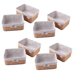 Kuber Industries Pack of 8 Bamboo Storage Basket With Liner|Fodable Storage Organizer|Box For Cloth, Toiletry, Bathroom|Capacity 17L, 10.6L|Natural|