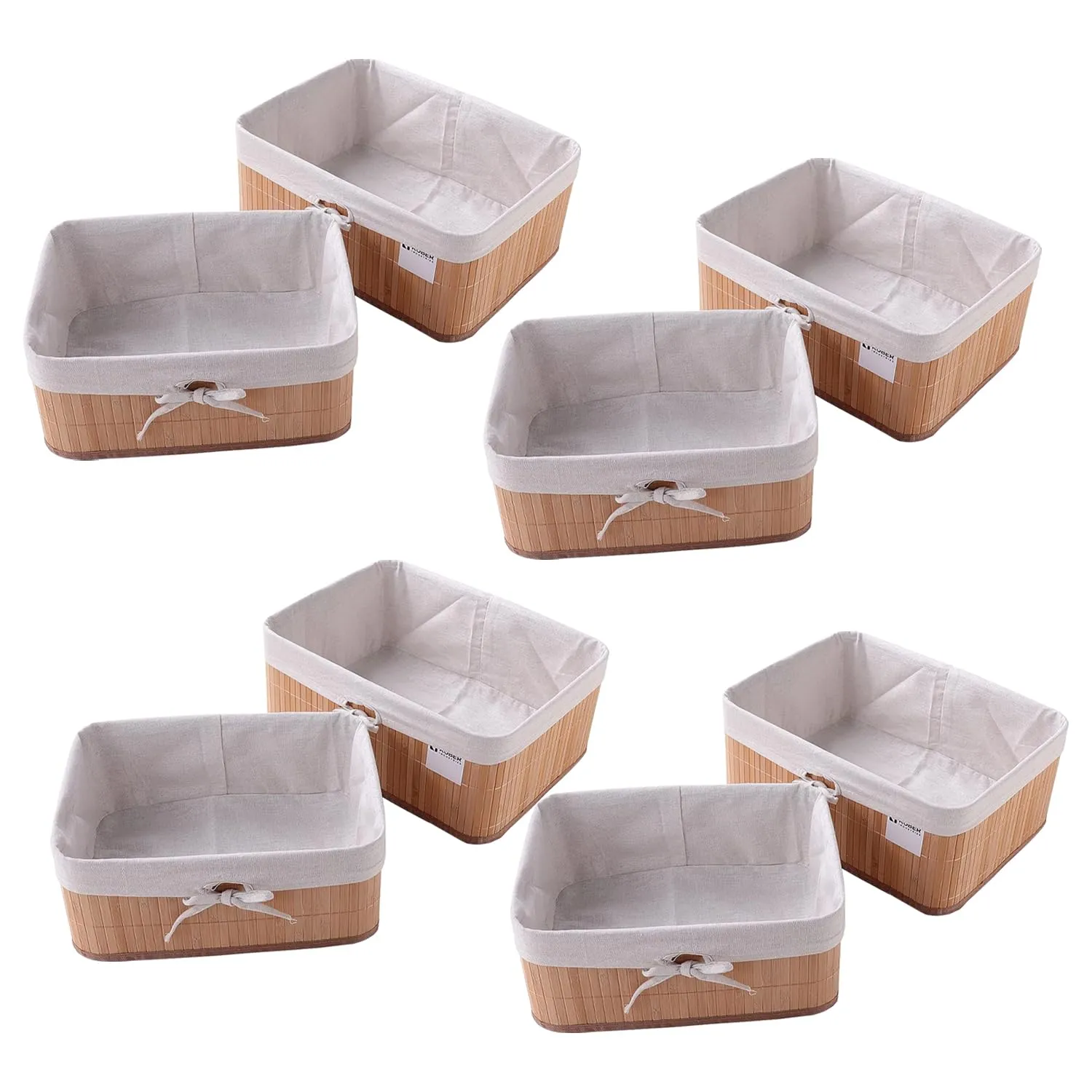 Kuber Industries Pack of 8 Bamboo Storage Basket With Liner|Fodable Storage Organizer|Box For Cloth, Toiletry, Bathroom|Capacity 17L, 10.6L|Natural|