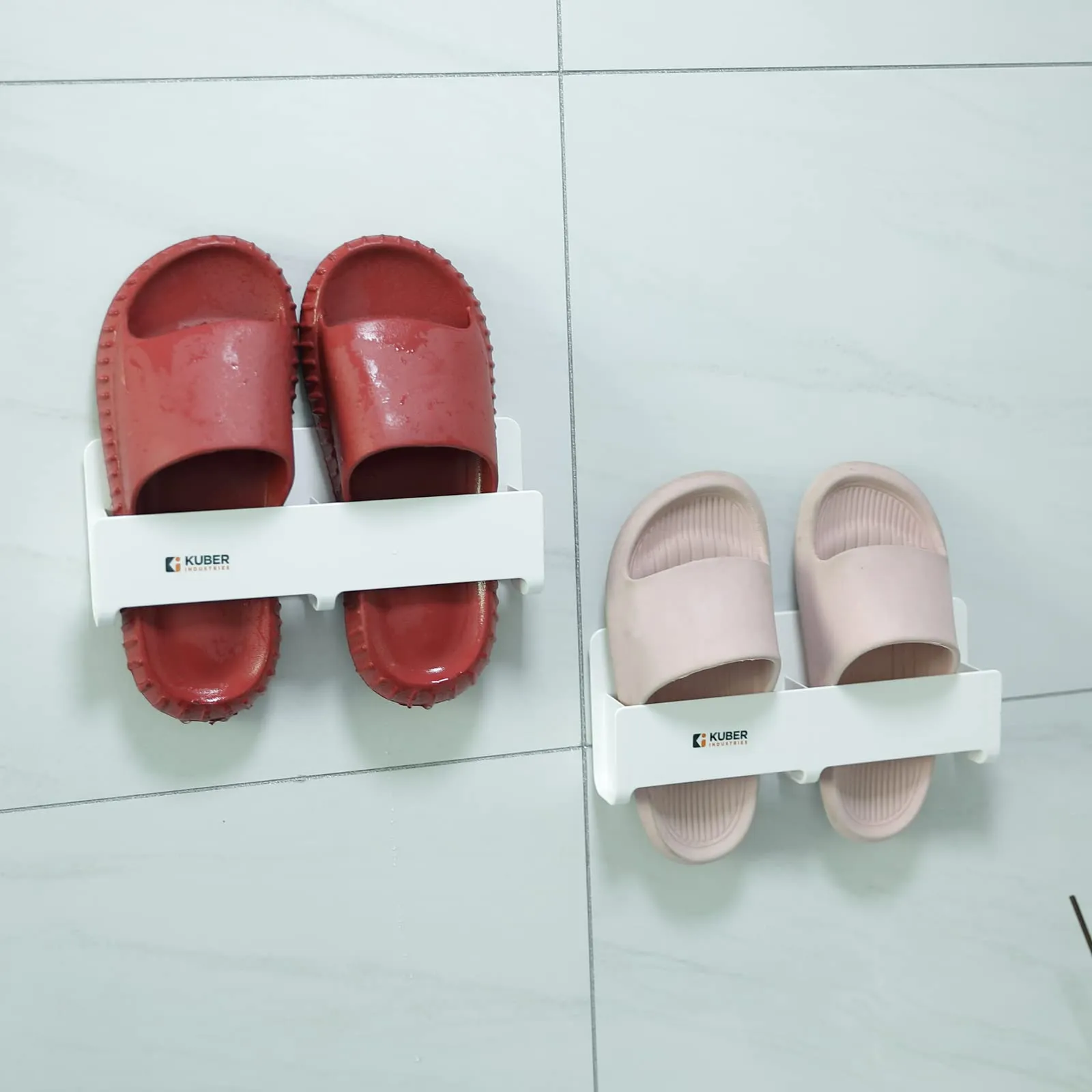 Kuber Industries Wall Mounted Shoe Rack for Home|Super Quality ABS/PVC|Compact & Durable|Self-Adhesive Unique Design|Shoe Stand for Bathroom & Bedroom|Set of 2|1354B|White(Pack of 2)