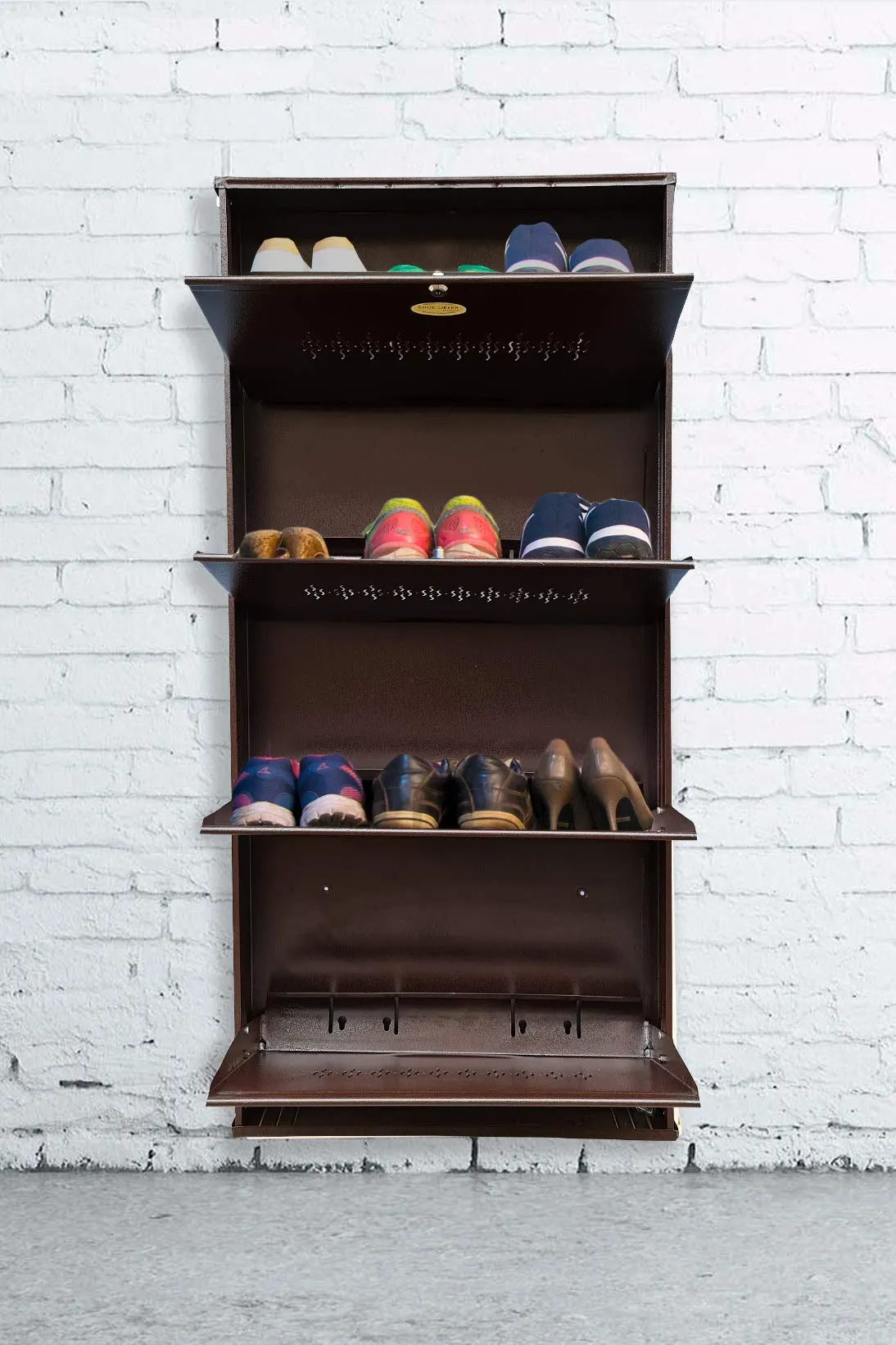 Shoe Locker 25" 4 Door Space Saver Wall Mounted Metal Shoe Rack (Free Installation in Major Cities) (Coffee Brown)