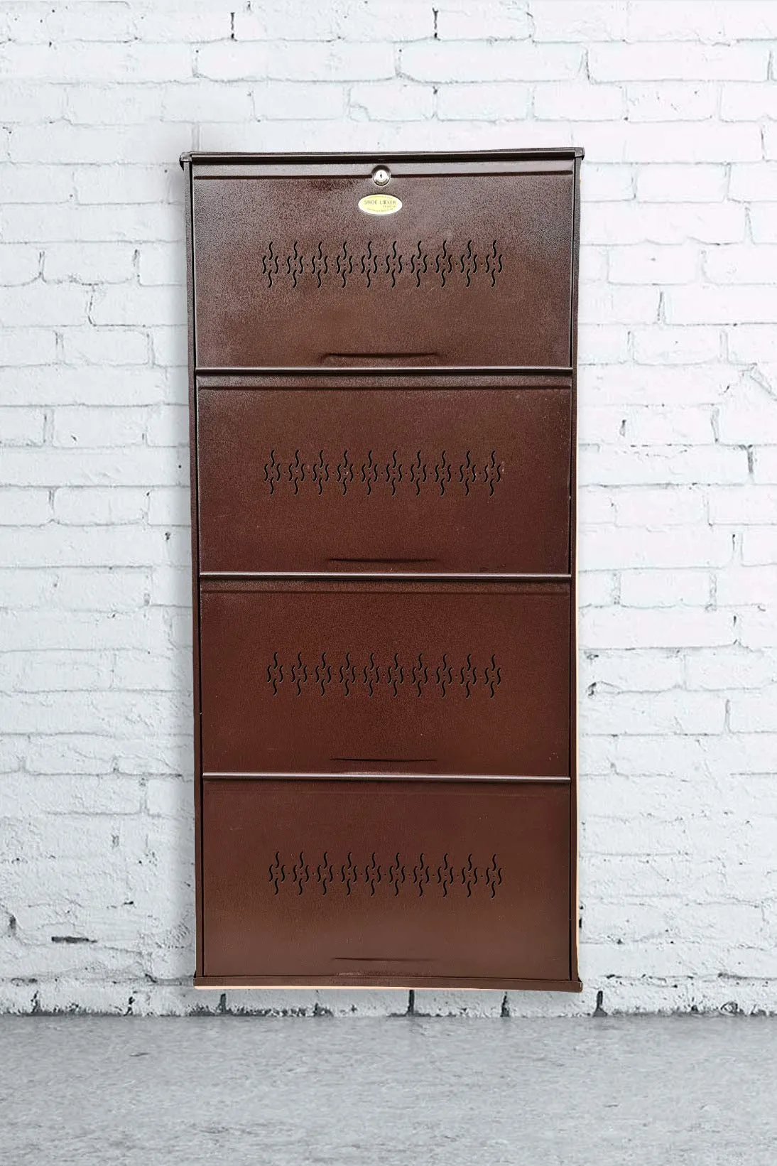 Shoe Locker 25" 4 Door Space Saver Wall Mounted Metal Shoe Rack (Free Installation in Major Cities) (Coffee Brown)
