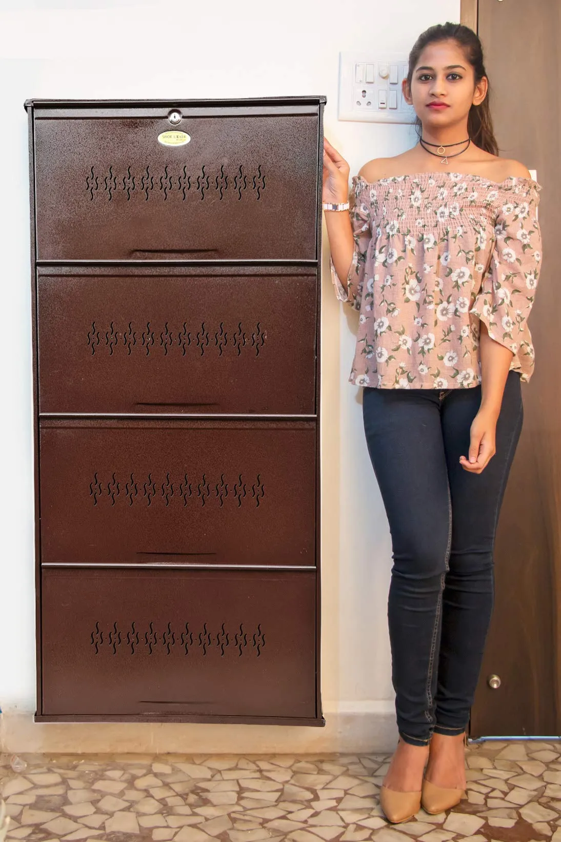 Shoe Locker 25" 4 Door Space Saver Wall Mounted Metal Shoe Rack (Free Installation in Major Cities) (Coffee Brown)