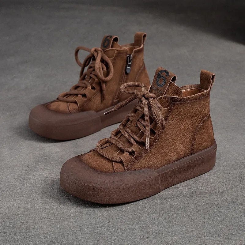 Women Retro Solid Leather Flat Casual Boots