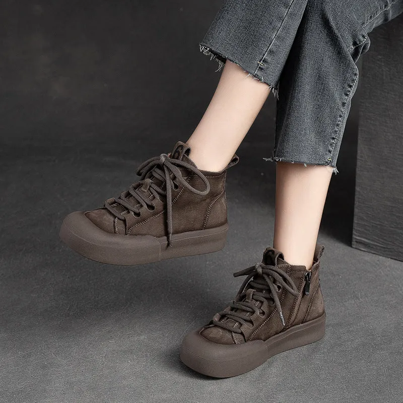 Women Retro Solid Leather Flat Casual Boots