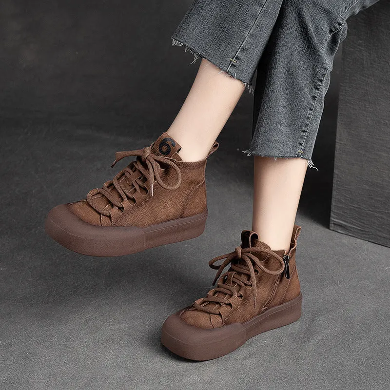Women Retro Solid Leather Flat Casual Boots