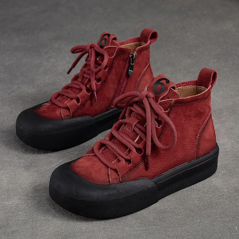 Women Retro Solid Leather Flat Casual Boots