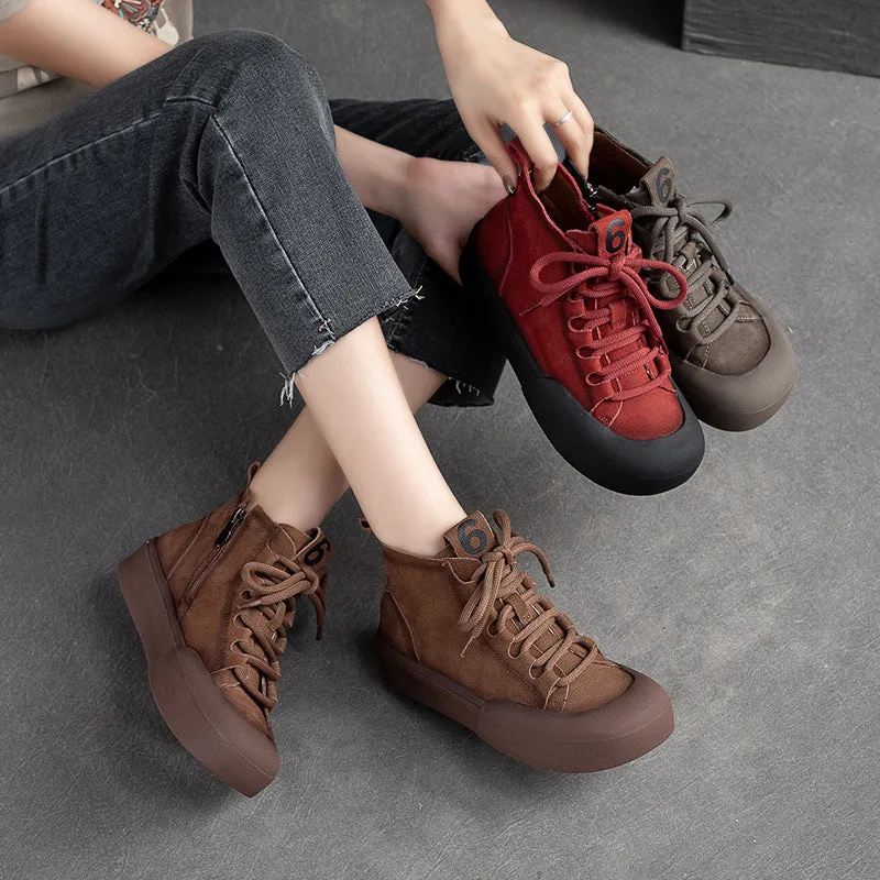 Women Retro Solid Leather Flat Casual Boots