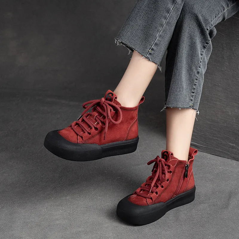 Women Retro Solid Leather Flat Casual Boots