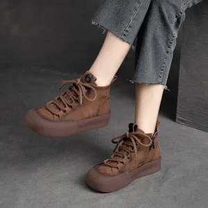 Women Retro Solid Leather Flat Casual Boots
